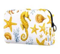 Trousse per trucchi portatile, con cerniera, per articoli da toeletta da viaggio, da donna, cavallucci marini gialli, granchi rossi e stelle marine, Multicolore 07, 18.5x7.5x13cm/7.3x3x5.1in