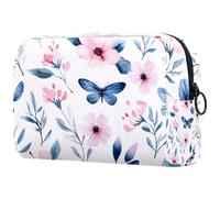 Trousse per trucchi portatile per cosmetici, con cerniera, per articoli da toeletta da viaggio, borsa per il lavaggio da donna, acquerello, fiori di campo, foglie e farfalle rosa, Multicolore 05