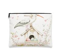 Trousse per trucchi vintage pastello, motivo cicogna floreale, da donna, organizer portatile con cerniera, borsa da viaggio primaverile, 17,8 x 22,9 cm