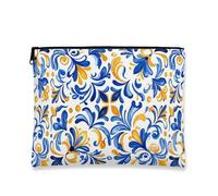 Trousse per trucco floreale, borsa cosmetica vintage blu e gialla da donna, elegante organizer da viaggio per articoli da toeletta, elementi essenziali per la cura della pelle primaverile, Blu, 7x9
