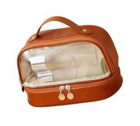 Trousse trasparente per cosmetici, a doppio strato, per donne/ragazze, portatile, da viaggio, Marrone moka, 23x13.5x16cm, Classico