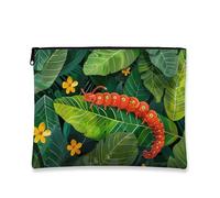 Trousse tropicale per il trucco, colorata con bruco floreale, borsa da viaggio per donne, piccola borsa portatile in tela con cerniera, per festival, Verde, 7x9 Inch