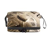 Trousse vintage a doppio strato con chitarra blues per donne e ragazze, borsa da viaggio per trucchi pratica borsa organizer con scomparto per pennelli, Multi, 27x15x14 cm/10.6x5.9x5.5 in, Beauty case