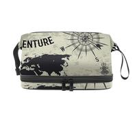 Trousse vintage a doppio strato con mappa del mondo, bussola e mappamondo, per donne e ragazze, borsa da viaggio per trucchi pratica borsa organizer con scomparto per pennelli, Multi, 27x15x14