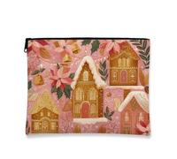 Trousse vintage per cosmetici, case di pan di zenzero con stelle di Natale, astuccio per trucco da donna, organizer portatile in tela con cerniera, borsa da toilette natalizia, Pesca, 7x9 Inch, Case