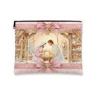 Trousse vintage per il trucco della natività, borsa da viaggio per cosmetici, per donne, piccola borsa portatile in tela con cerniera organizer, Pesca, 7x9 Inch, Presepe