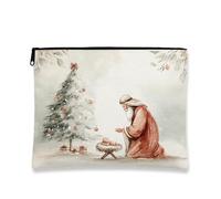 Trousse vintage per trucchi natalizi ad acquerello, con albero delle vacanze e presepe, per donne, organizer portatile per articoli da toeletta per l'inverno, Verde chiaro, 7x9 Inch, Natale