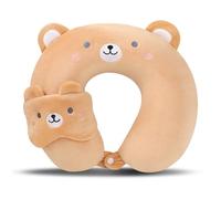 TROYSINC Cuscino da viaggio per aereo con maschera per gli occhi, cuscino per il collo, per bambini e adulti, a casa e in ufficio (orso marrone)