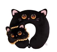 TROYSINC Cuscino da viaggio per aereo con maschera per gli occhi, in memory cotone, per bambini e adulti, a casa e in ufficio (gatto nero)