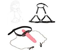TRQOYTU Bavaglio Per Bocca Con Dildo Bavaglio Per Bocca Con Pene Con Morsetti Per Capezzoli Morsetti Per Capezzoli Cinghia Di Contenimento Per Petto In Pelle Sexy Da Donna, Restrizioni Fetish