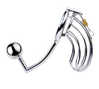 TRQOYTU Gabbia Per Pene In Acciaio Inossidabile 2 In 1 Con Anelli Per Il Pene Gabbia Di Castità In Metallo BDSM Con Gancio Anale Cintura Di Castità Maschile Dispositivo Di Castità Dilatatori Anali