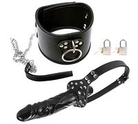 TRQOYTU Set Bondage SM Con Collare In Pelle Bocca In Silicone Gag Dildo Gag Guinzaglio Catene E Lucchetto Bondage Restraint Set Erotico Fetish Masturbatore Giocattolo Sessuale Regolabile Per Coppie
