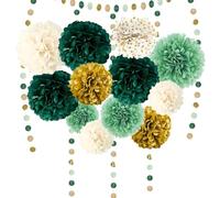 Trrrioosy 15 pezzi Pompon Decorativi per Feste,Verde, Oro, Bianco, in Carta Velina, con Pompon e Pois, per Matrimoni,Balli,Baby Shower, Compleanno