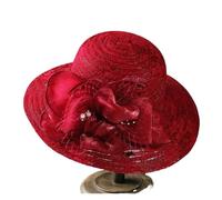 TRRYUIP Cappello da Sposa Cappello da Sole for Donna in Primavera e in Estate, Elegante Cappello con Fiori di Perle in Rete, Spiaggia Traspirante Pieghevole Bordo Largo in Pizzo(Red)