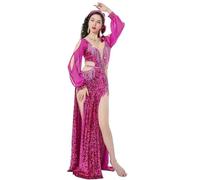 TRRYUIP Danza del Ventre Vestito Abbigliamento da Competizione di Danza Costume Performance del Ventre for Le Donne Abito con Frange Lusso Paillettes AB Pietre for Adulto(Pink,L)
