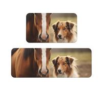 TRSGKSQP Set di 2 tappetini da cucina Collie Cane e cavallo insieme, antiscivolo, imbottito, assorbente, lavabile, per lavandino, 43 x 75 cm + 43 x 120 cm
