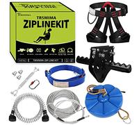 Trsmima Zipline Kit per cortili, 45,7 m, con zip line per bambini e adulti, kit con imbracatura di sicurezza e acciaio inossidabile, carrello con freno a molla e sedile