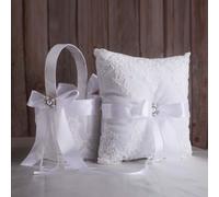 TRUE LOVE GIFT Ringkissen und Blumenm dchenkorb f r die Hochzeit, Perlen-Strasssteine, wei e Satinspitze