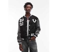 True Religion - Bomber stile college nero con maniche in pelle sintetica e toppe XL