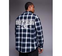 True Religion - Camicia a maniche lunghe blu a quadri con logo e stampa sul retro S