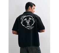 True Religion camicia nera a maniche corte con zip integrale e stampa Buddha sul retro-Nero XS