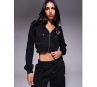 True Religion - Felpa con cappuccio corta nera con ricamo sul retro e zip-Nero XS