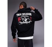 True Religion - Felpa nera con cappuccio, zip e stampa con logo-Nero M