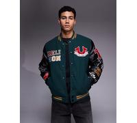 True Religion - Giacca stile college verde con toppe ricamate 2XL