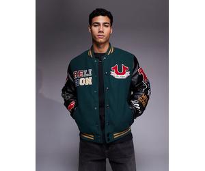 True Religion - Giacca stile college verde con toppe ricamate XL