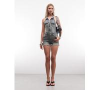 True Religion - Jennie - Tuta corta in denim lavaggio vintage allacciata al collo con zip-Multi 46