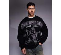 True Religion - Maglione nero con orlo elasticizzato, logo e grafica S