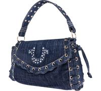 True Religion Studded Horseshoe Eyelet Flap Bag, Crossbody Shoulder Handbag with Logo And Stud Details, Borsa con Patta Donna, Denim Scuro