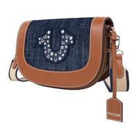True Religion Studded Logo Flap Bag, Rhinestone Horseshoe Canvas Strap Shoulder Handbag, Borsa con Patta Donna, Jeans