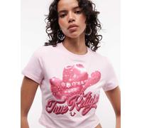 True Religion - T-shirt mini stile cowgirl rosa con cristalli S