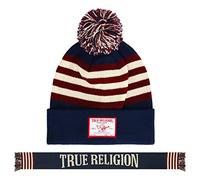 True Religion Women's Beanie Hat Set, Winter Cuffed Knit Cap with Pom and Stadium Style Scarf, Navy, One Size