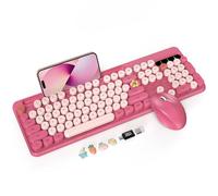 Trueque Tastiera wireless e mouse combinata, graziosa tastiera per macchina da scrivere con tasti rotondi, tastiera full-size con supporto per telefono/tablet e gambe inclinabili, mouse a 6 pulsanti,