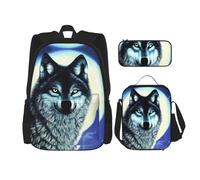 TRUKD Zaino per studenti, bella borsa per orchidee, set da 3 pezzi per ragazzi e ragazze, astuccio per il pranzo 3 in 1, Lupo sotto la luna, Taglia unica, Zaino daypack