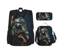 TRUKD Zaino per studenti, borsa a forma di gufo con rosetta per ragazzi e ragazze, zaino per ragazze, astuccio per il pranzo, Cavalli da guerra medievali, Taglia unica, Zaino daypack