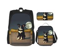 TRUKD Zaino per studenti, borsa a forma di luna d'acqua per ragazzi, ragazze, astuccio per il pranzo, borsa per il pranzo per bambini 3 in 1, set di borse per la scuola, Cane sotto la luna, Taglia
