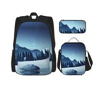 TRUKD Zaino per studenti, borsa a forma di luna d'acqua per ragazzi, ragazze, astuccio per il pranzo, borsa per il pranzo per bambini 3 in 1, set di borse per la scuola, Foresta innevata, Taglia