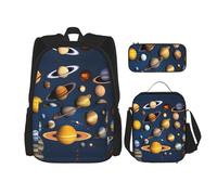 TRUKD Zaino per studenti, borsa a forma di luna d'acqua per ragazzi, ragazze, astuccio per il pranzo, borsa per il pranzo per bambini 3 in 1, set di borse per la scuola, Pianeti del sistema solare,