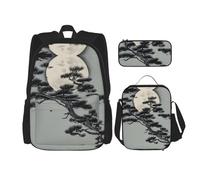 TRUKD Zaino per studenti, borsa a forma di luna d'acqua per ragazzi, ragazze, astuccio per il pranzo, borsa per il pranzo per bambini 3 in 1, set di borse per la scuola, Albero di pino sotto la luna,