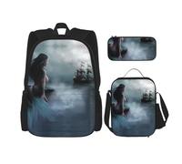 TRUKD Zaino per studenti, borsa a forma di orso dell'aurora boreale per ragazzi e ragazze, zaino per ragazze, astuccio portapranzo combinazione, sirena ragazza e vela sulla nave pirata mare, Taglia