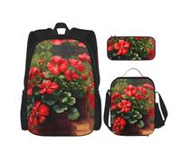 TRUKD Zaino per studenti, borsa a pois ondulati neri e bianchi per ragazzi e ragazze, zaino per ragazze, astuccio portapranzo combinazione, Gerani rossi, Taglia unica, Zaino daypack