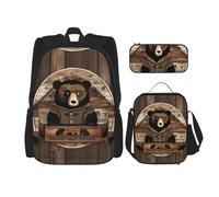 TRUKD Zaino per studenti, borsa a pois ondulati neri e bianchi per ragazzi e ragazze, zaino per ragazze, astuccio portapranzo combinazione, Rustic Lodge Bear, Taglia unica, Zaino daypack