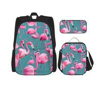 TRUKD Zaino per studenti, borsa a pois ondulati neri e bianchi per ragazzi e ragazze, zaino per ragazze, astuccio portapranzo combinazione, Uno stormo di fenicotteri, Taglia unica, Zaino daypack
