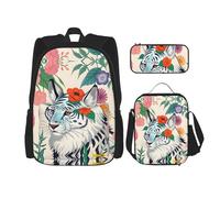 TRUKD Zaino per studenti, borsa a pois ondulati neri e bianchi per ragazzi e ragazze, zaino per ragazze, astuccio portapranzo combinazione, Tigre bianca carina, Taglia unica, Zaino daypack