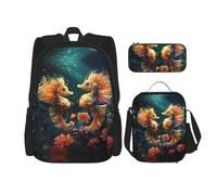 TRUKD Zaino per studenti, borsa con dinosauro dalla bocca grande per ragazzi della scuola, zaino per ragazze, zaino per matite, borsa per il pranzo combinazione, Bella coppia di cavallucci marini,
