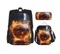 TRUKD Zaino per studenti, borsa con dinosauro dalla bocca grande per ragazzi della scuola, zaino per ragazze, zaino per matite, borsa per il pranzo combinazione, Pallacanestro su fuoco e acqua fiamma