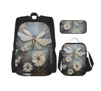 TRUKD Zaino per studenti, borsa con koala astronauta per ragazzi, zaino per ragazze, astuccio portapranzo combinazione, Una libellula bianca in fiore, Taglia unica, Zaino daypack